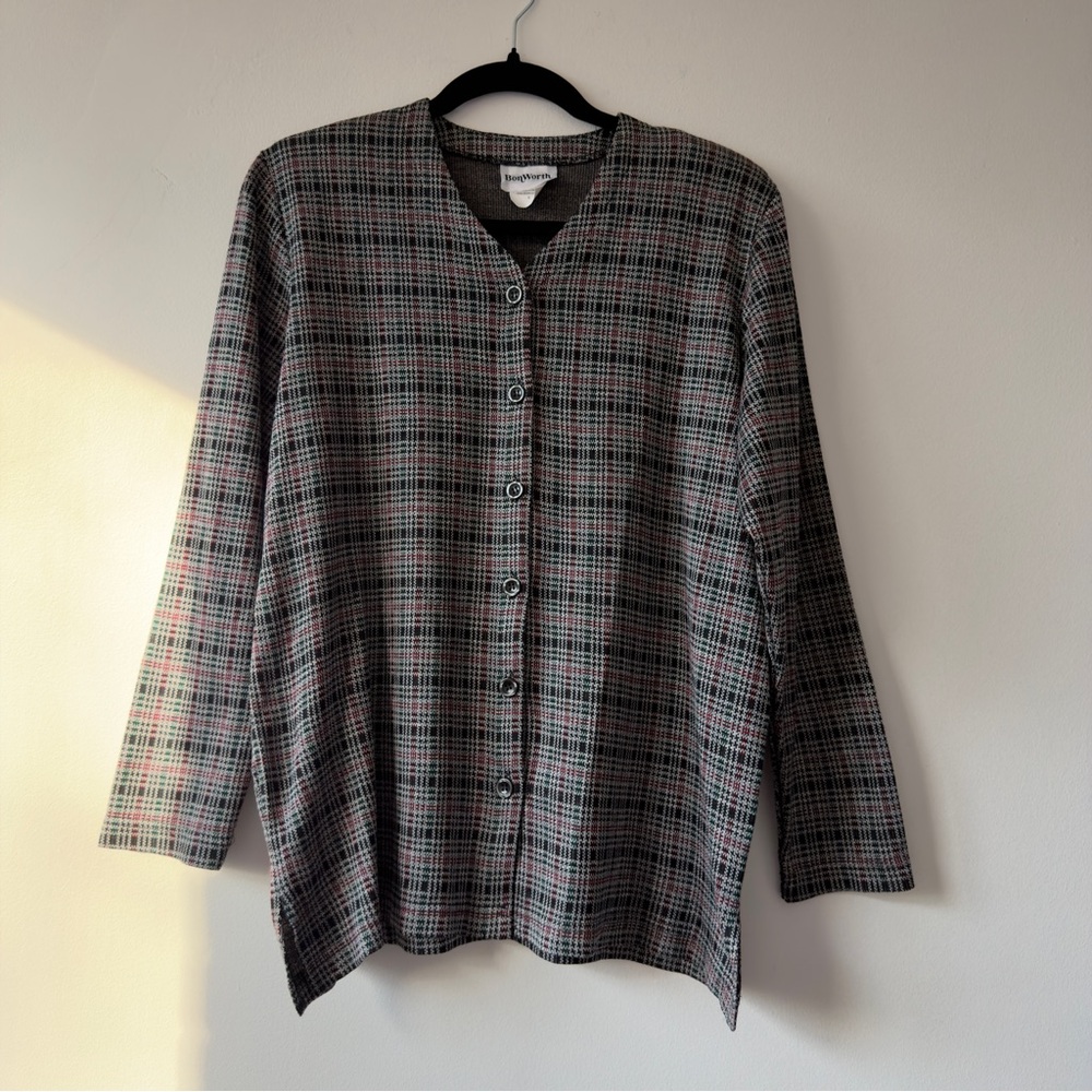 BonWorth Plaid Button Front Cardigan Top Red Green Black White Knit Size S